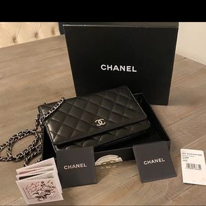 Chanel quilted black wallet purse on chain